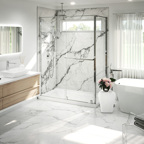 Un espace douche avec la robinetterie Kalia chrome.